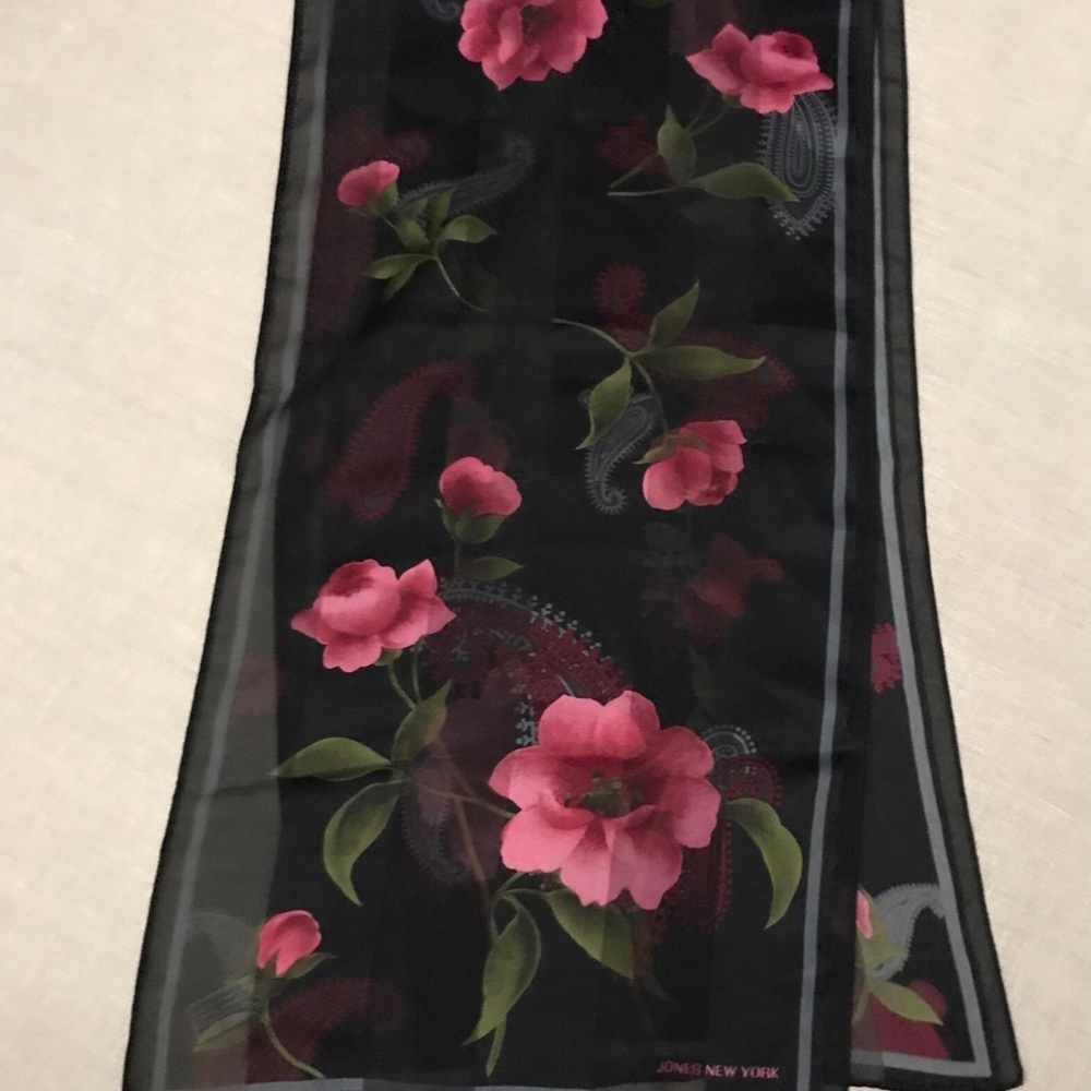 Jones New York Black Floral Silk Scarf with Pink Rose Pattern